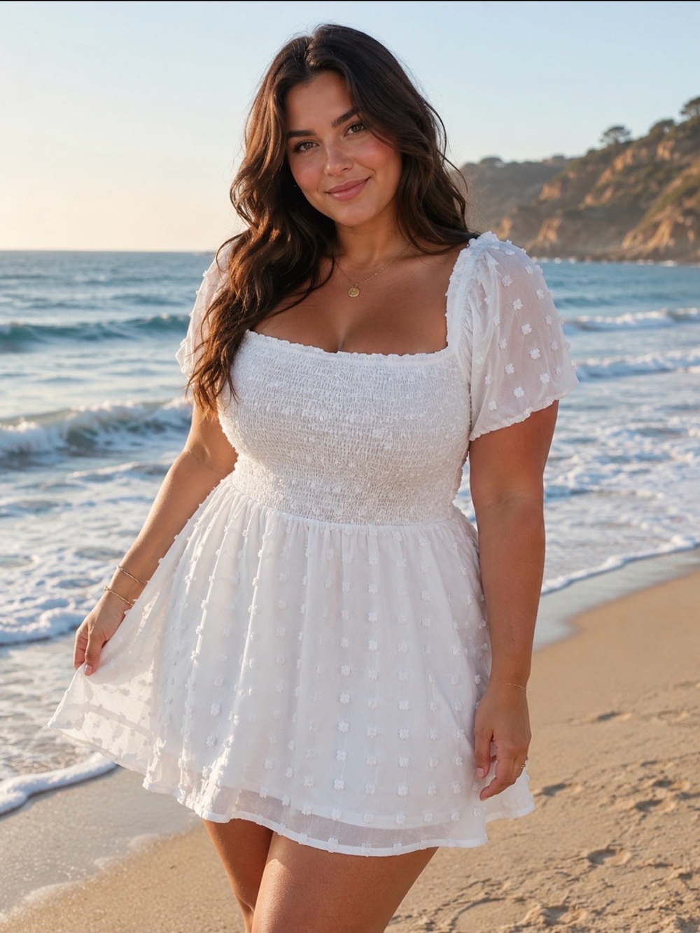 Exlura XXL White Swiss Dot Smocked Mini Dress Flowy Airy Cottage